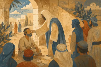 Jesus Healing Blind Man in Courtyard