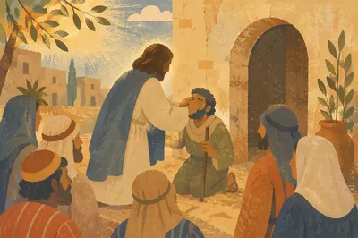 Jesus Healing Blind Man in Village Courtyard