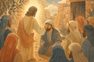 Jesus Healing Blind Man in Ancient Courtyard