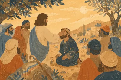 Jesus Healing Blind Man on Village Road