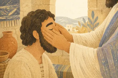 Jesus Healing Blind Man in Morning Light