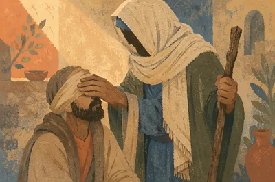 Jesus Healing Blind Man in Village Courtyard