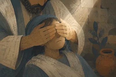 Jesus Healing Blind Man in Morning Light
