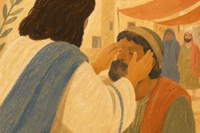 Jesus Healing Blind Man in Golden Courtyard