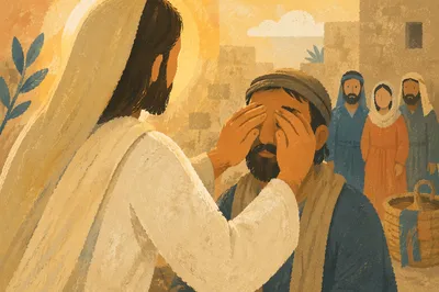 Jesus Healing Blind Man in Morning Light