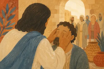 Jesus Healing Blind Man in Village Courtyard
