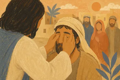 Jesus Healing Blind Man in Sunlit Courtyard