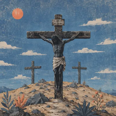 Three Crosses on Golgotha Under Blue Sky