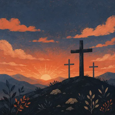 Three Crosses at Golgotha Sunset Sky