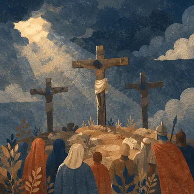 Three Crosses at Golgotha Under Stormy Sky