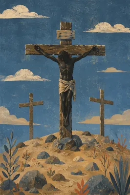 Three Crosses on Golgotha Under Blue Sky