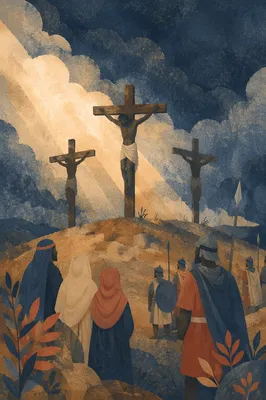 Three Crosses at Golgotha Under Storm Sky