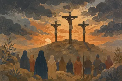 Three Crosses at Golgotha Under Dusk Sky