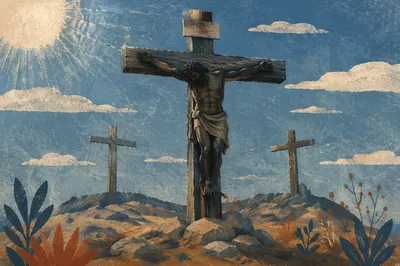 Three Crosses on Golgotha Under Blue Sky