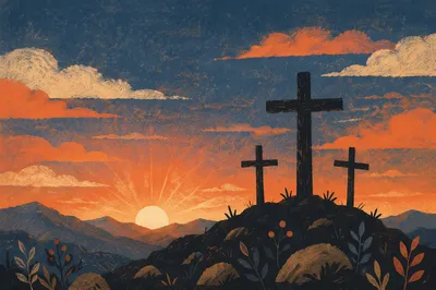 Three Crosses at Golgotha Sunset Sky