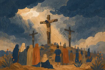 Three Crosses at Golgotha Under Storm Sky