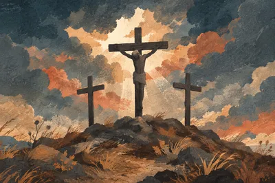 Three Crosses at Golgotha Under Stormy Sky