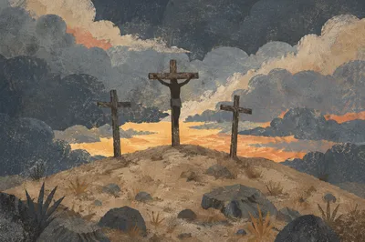 Three Crosses at Golgotha Under Evening Sky