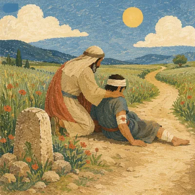 Good Samaritan Helping Traveler by Roadside