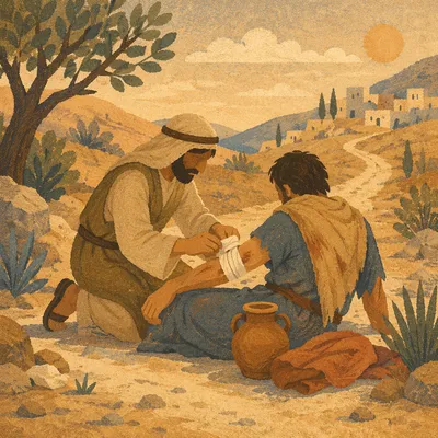 Good Samaritan Compassion on Ancient Roadside