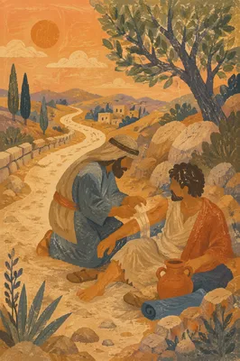 Good Samaritan Compassion on Ancient Roadside