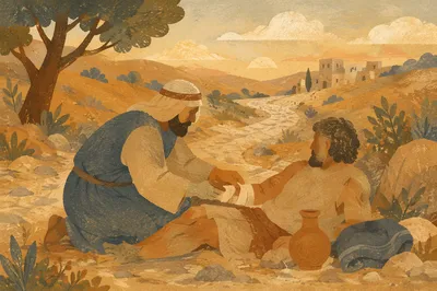 Good Samaritan Compassion on Ancient Roadside