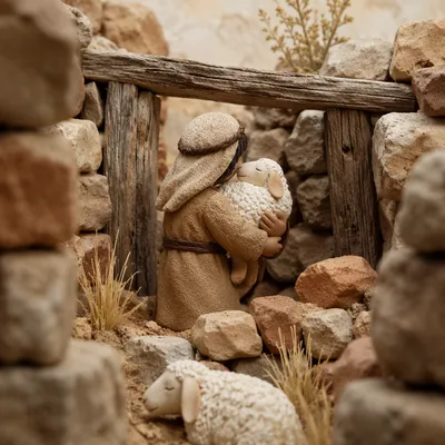 Shepherd Carrying Lost Lamb Among Stones