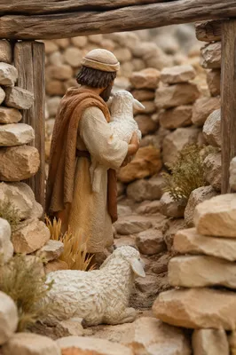 Shepherd Carrying Lost Lamb Through Stone Fold