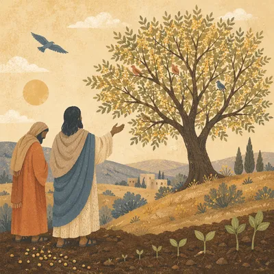 Mustard Seed Parable on Sunlit Hillside