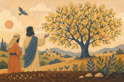 Mustard Seed Parable on Sunlit Hillside