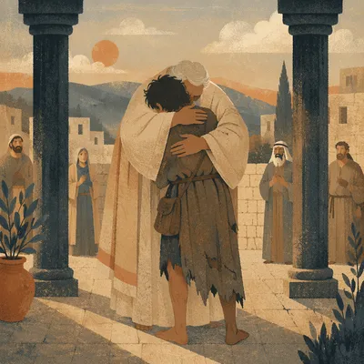 Prodigal Son Father Embrace in Courtyard