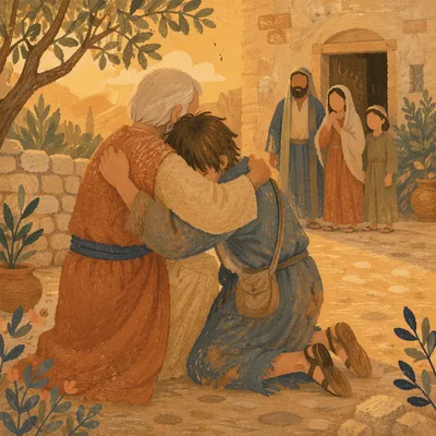 Father Embraces Prodigal Son at Sunset