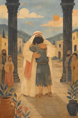 Prodigal Son Father Embrace in Courtyard