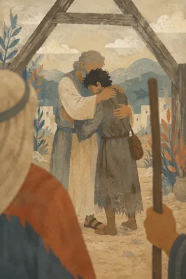 Prodigal Son Father Embrace in Courtyard