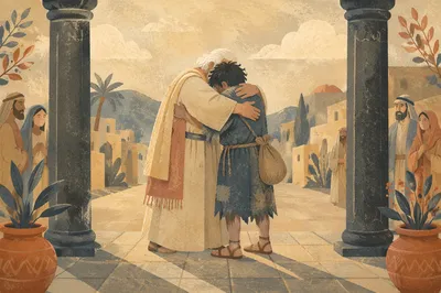 Prodigal Son Father Embrace in Courtyard