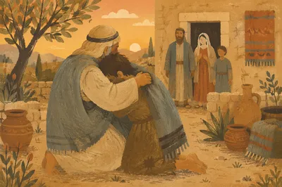 Father Embraces Prodigal Son at Golden Hour
