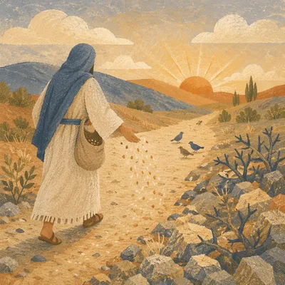 Sower Scattering Seeds on Rocky Path