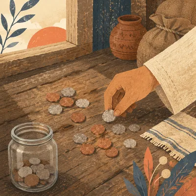 Servant Counting Coins in Parable Scene