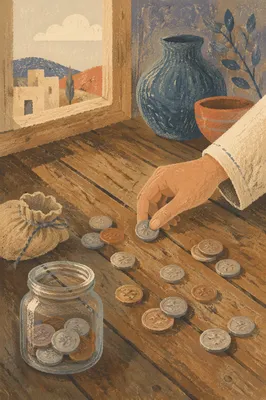 Servant Counting Talents on Rustic Table