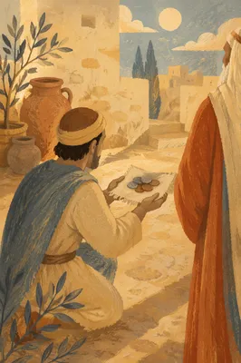 Servant Presenting Talents in Ancient Courtyard