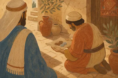 Servant Presenting Talents in Ancient Courtyard