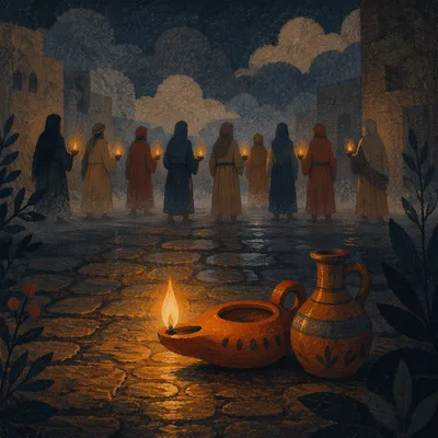 Ten Virgins Oil Lamps at Night
