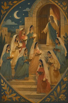 Ten Virgins Waiting With Lamps at Night