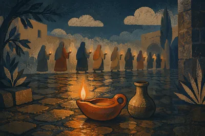 Wise Virgins Lamp in Night Courtyard
