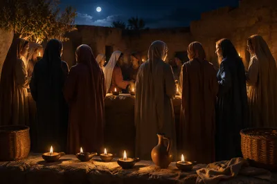 Ten Virgins Tending Oil Lamps at Night