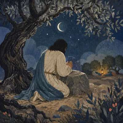 Jesus Praying Alone in Gethsemane Night