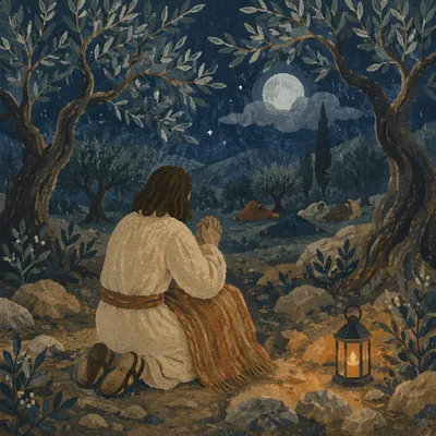 Jesus Praying Alone in Gethsemane Night