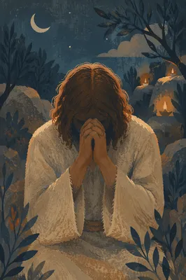 Jesus Praying Alone in Gethsemane Night