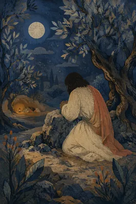 Jesus Praying Alone in Gethsemane Night