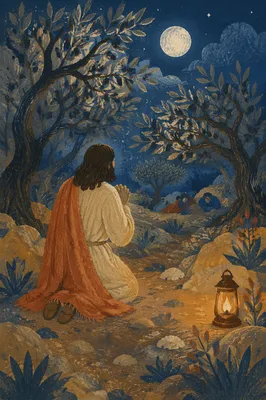 Jesus Praying Alone in Gethsemane Night